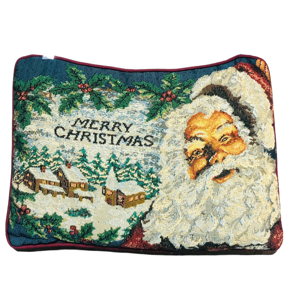 VTG Christmas Tapestry Lumbar Throw Pillow Merry Christmas Santa Church Village